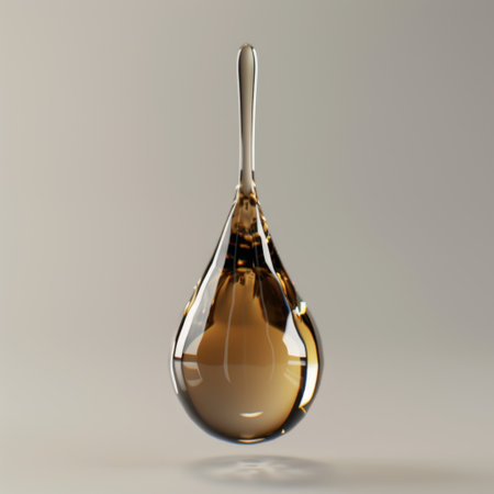 A stunning drop of dark liquid elegantly suspended in the air, showcasing smooth texture and glimmering shine, perfect for artistic projects.の素材
