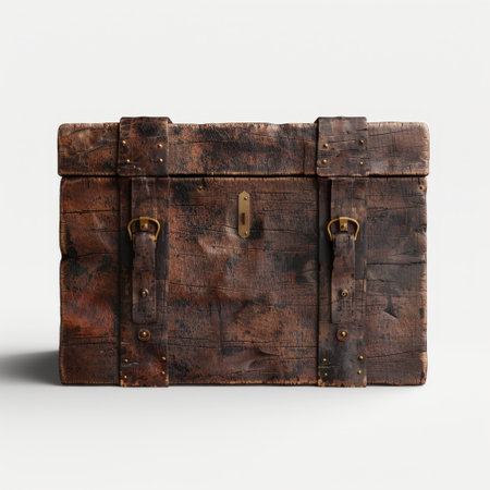A vintage wooden trunk featuring metal fasteners showcases rustic charm and aged beauty, perfect for enhancing any interior decor.の素材