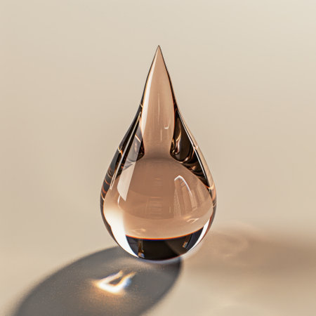 A beautifully shaped transparent water drop resting on a light beige background. The smooth surface and subtle reflection create an elegant and serene visual composition.の素材