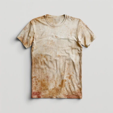 A rustic and worn t-shirt featuring unique stains and textures, perfect for showcasing casual fashion concepts in artistic photography or design projects.の素材