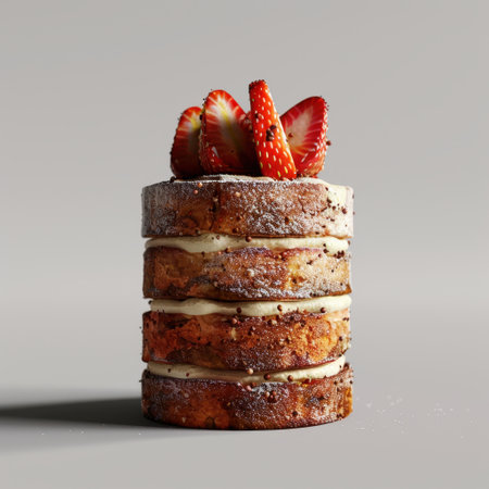 A visually appealing layered cake featuring fluffy sponge, creamy filling, and fresh strawberries, perfect for any dessert lover's celebration or special occasion.の素材