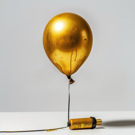 A stunning gold balloon drips subtly, set against a minimalistic background, embodying charm and elegance. Perfect for festive or decor themes.の素材