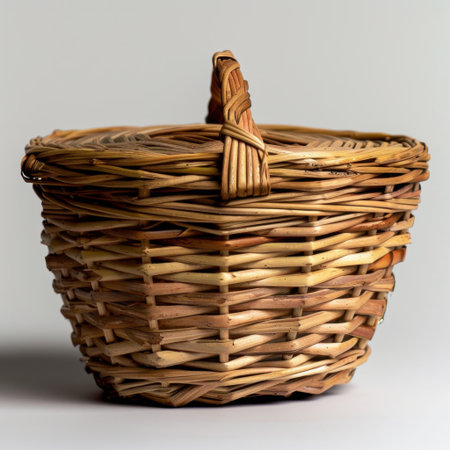 This rustic woven basket with a lid features intricate craftsmanship using natural fibers. Ideal for storage or decor, it adds a warm touch to any setting.の素材