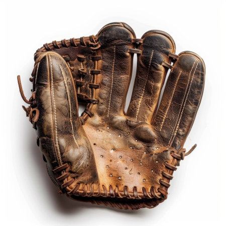 This vintage baseball glove showcases detailed stitching and a worn leather texture, perfect for sports enthusiasts and collectors.の素材