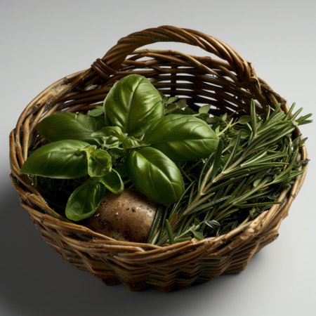 A beautifully arranged wicker basket filled with fresh basil and rosemary sprigs, perfect for enhancing culinary dishes and adding natural flavor.の素材