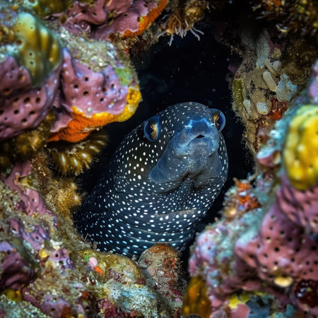 A stunning portrait of a spotted moray eel nestled within a vibrant coral reef, showcasing the rich diversity of marine life in a colorful underwater habitat.の素材