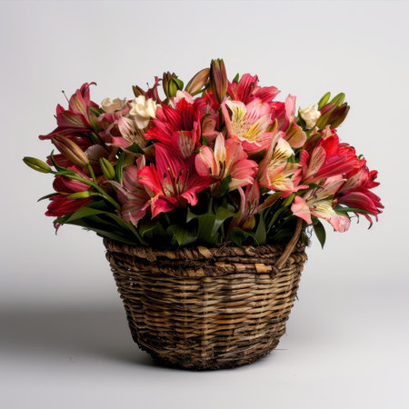 A stunning floral arrangement featuring vibrant red, pink, and white blooms in a rustic woven basket. Ideal for home decor or special occasions.の素材