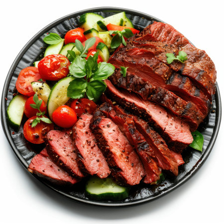 This vibrant plate features tender, sliced beef paired with fresh vegetables, including tomatoes and cucumbers, garnished with herbs for a delicious meal. Perfect for showcasing gourmet cuisine.の素材