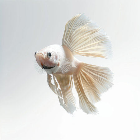 A stunning image of a white betta fish showcasing its elegant fins and graceful movement in clear water. Perfect for nature enthusiasts and aquarium lovers.の素材