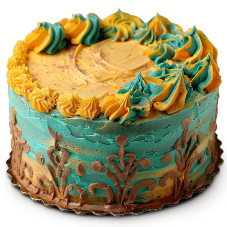 A beautifully crafted colorful cake featuring vibrant blue and orange whipped cream, perfect for celebrations. Ideal for birthday parties or special events.の素材