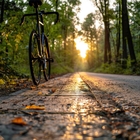 A stunning view of a bicycle resting on a quiet forest pathway at sunrise, highlighting the peacefulness and beauty of nature.の素材