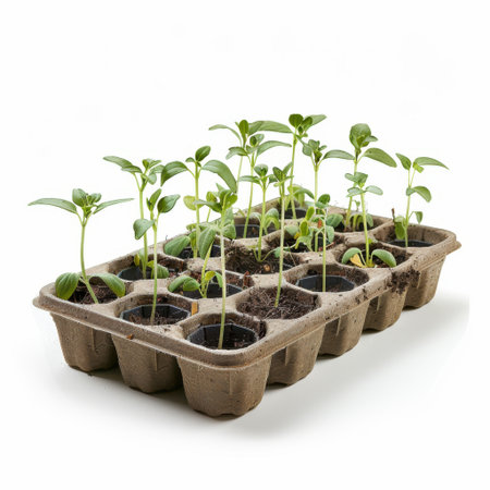 Young seedlings are thriving in biodegradable pots filled with rich soil, representing the beauty and promise of nature's growth. Perfect for gardening enthusiasts.の素材