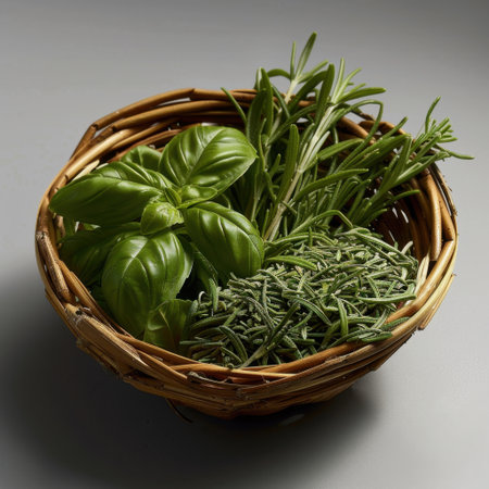 A picturesque arrangement of fresh basil and rosemary in a natural woven basket, highlighting the beauty of herbs. Perfect for culinary and gardening themes.の素材