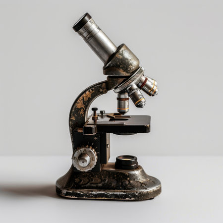 This image showcases a vintage microscope on a plain white background, highlighting its intricate design and features. Perfect for scientific themes.の素材