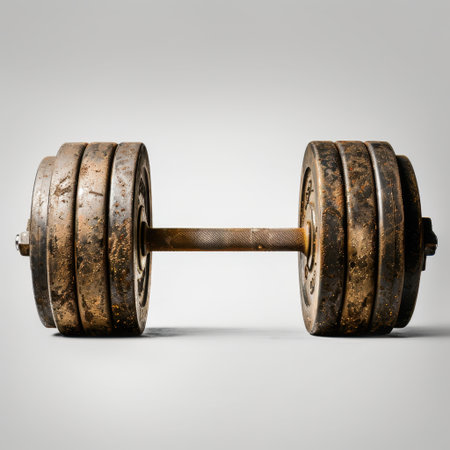 This image features a rusty dumbbell isolated on a gray background, perfect for illustrating fitness and strength training concepts.の素材