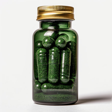 A well-sealed glass jar filled with vibrant green herbal capsules showcases health and wellness. The golden lid adds elegance, making it ideal for product photography.の素材