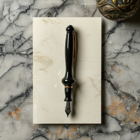 This stunning image features an elegant black fountain pen resting on a luxurious marble surface, perfect for enhancing any writing experience.の素材