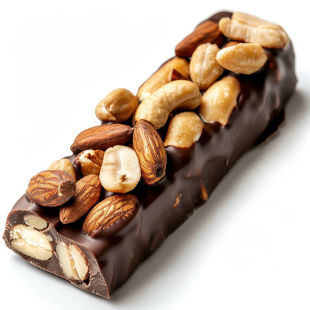 A mouthwatering chocolate and nut snack bar with an irresistible blend of nuts, perfect for satisfying cravings and providing a delicious energy boost.の素材
