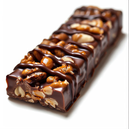 A close-up shot of a delicious chocolate bar with nuts and a rich drizzle, perfect for showcasing culinary delights and indulgent treats.の素材