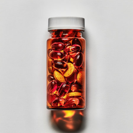 A vibrant and clear bottle filled with red gel capsules stands out against a clean white background. The soft lighting highlights the glossy surface of the capsules.の素材