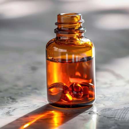 An elegant amber glass bottle displayed on a marble surface, filled with liquid and capsules, showcasing a beautiful reflection in natural light.の素材