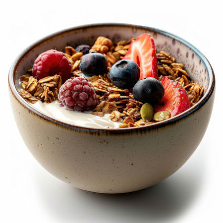 A visually appealing bowl of yogurt topped with granola, fresh berries, and seeds, perfect for a healthy breakfast or snack option.の素材
