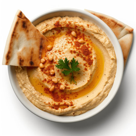 A bowl of creamy hummus topped with olive oil and toasted pine nuts, served with warm pita bread, perfect for sharing and enjoying healthy flavors.の素材