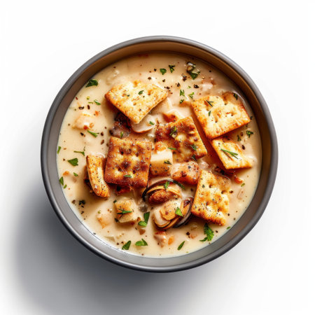 This delightful bowl of creamy soup features crunchy crackers and fresh herbs, perfect for a warm meal. An inviting dish ideal for any occasion.の素材
