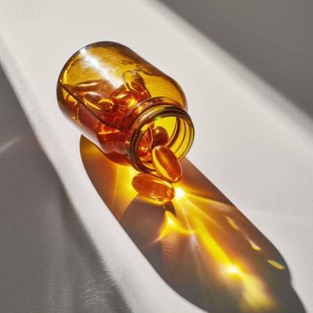 An amber glass bottle contains golden capsules, beautifully illuminated by sunlight. The capsules lie on a white surface, creating an artistic shadow effect.の素材