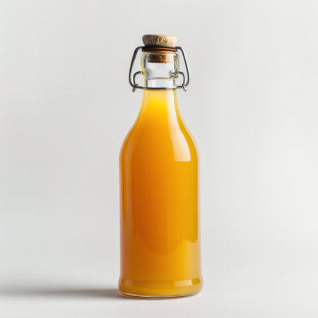 A vibrant glass bottle filled with bright orange juice showcases freshness and vitality, perfect for health-conscious consumers seeking delicious hydration.の素材