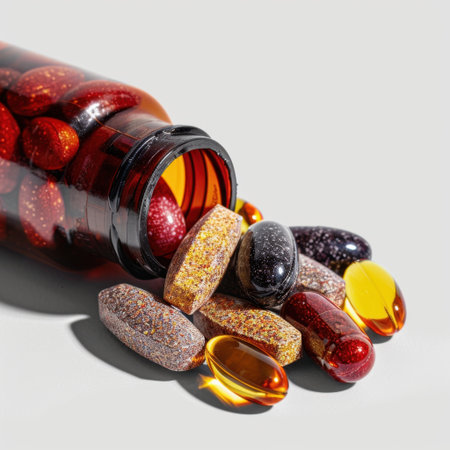 A vibrant mix of dietary supplements and vitamins spills from a glass bottle, showcasing various shapes and colors against a light backdrop. Perfect for health-oriented imagery.の素材
