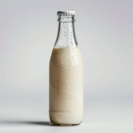 A refreshing glass bottle filled with fresh milk, showcasing condensation on the surface. Perfect for promoting healthy beverage choices.の素材