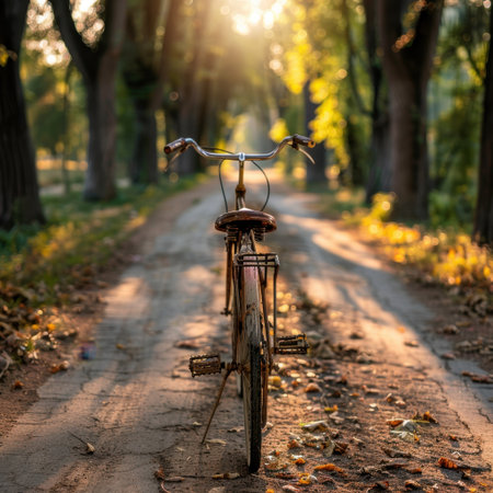 A vintage bicycle rests on a scenic pathway, surrounded by green trees and illuminated by golden hour light, offering a serene escape into nature's beauty.の素材