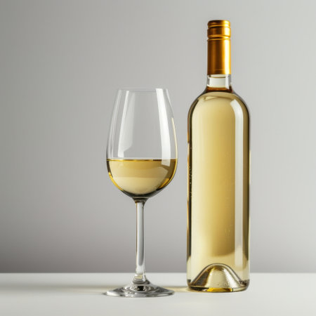 A beautifully arranged glass of white wine stands next to a bottle, showcasing elegance and simplicity. Ideal for dining, celebrations, and hospitality themes.の素材