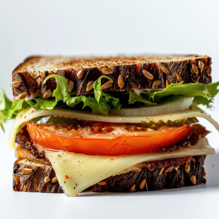 A delectable multigrain sandwich featuring layers of fresh lettuce, sliced tomato, onion, and melted cheese, perfect for a healthy meal or snack.の素材
