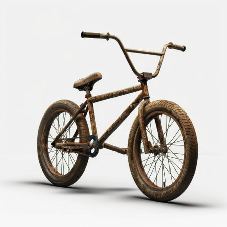 A vintage BMX bike featuring a rusty frame and worn-out tires, set against a clean white background. This image captures the essence of adventure and nostalgia.の素材