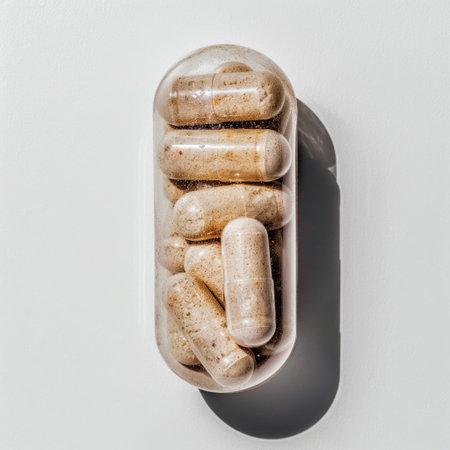 A clear container filled with herbal capsules sits against a white background, symbolizing health and wellness, perfect for illustrating dietary supplements and nutrition trends.の素材