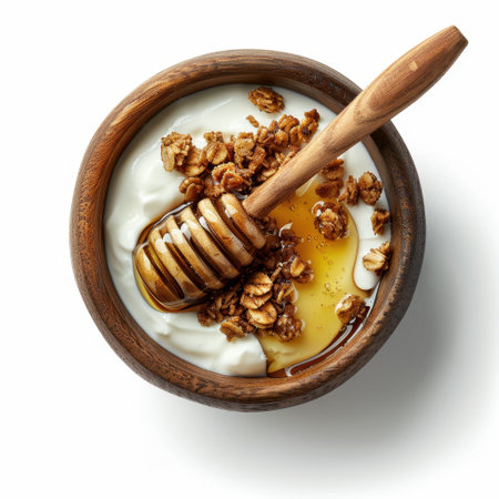 A visually appealing yogurt bowl topped with honey and crunchy granola, perfect for a nutritious breakfast or snack option, captured on a clean white background.の素材