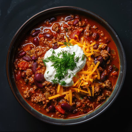 A rich and hearty beef chili featuring juicy pieces of meat, tender beans, vibrant tomatoes, topped with sour cream and cheese, perfect for any meal.の素材
