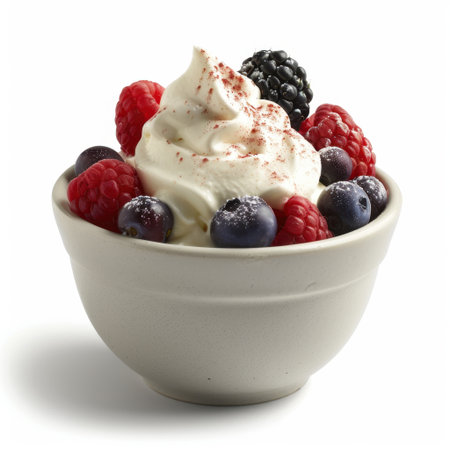 A vibrant and delicious dessert featuring fresh berries and creamy whipped topping, perfect for summer gatherings or as a sweet treat.の素材