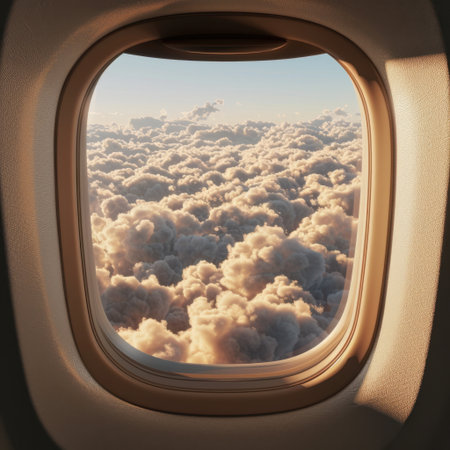 Experience the serene beauty of clouds and blue sky through an airplane window, embodying the essence of travel and exploration. Perfect for travel themes!の素材