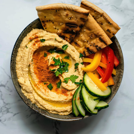 Delight in a bowl of creamy hummus surrounded by fresh vegetables and warm flatbread, perfect for a healthy snack or meal.の素材
