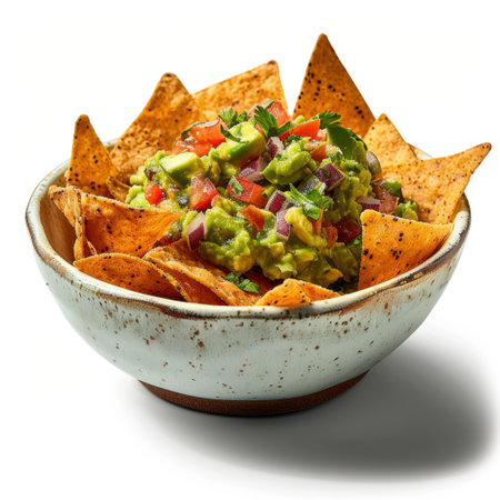 Enjoy a colorful bowl of crispy tortilla chips topped with fresh guacamole and diced vegetables, perfect for sharing at gatherings or as a flavorful snack.の素材