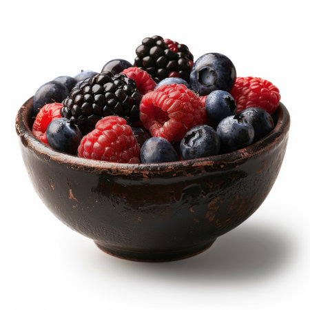 A rustic bowl filled with an assortment of fresh berries, showcasing vibrant colors perfect for healthy dishes and delicious desserts.の素材