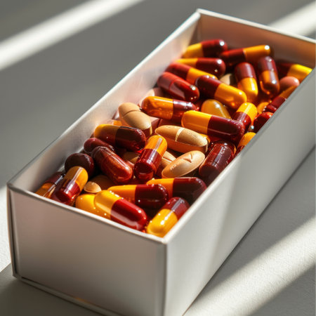 A vibrant arrangement of colorful capsules in a white box on a surface, showcasing the diversity of supplements and medications for health and wellness.の素材