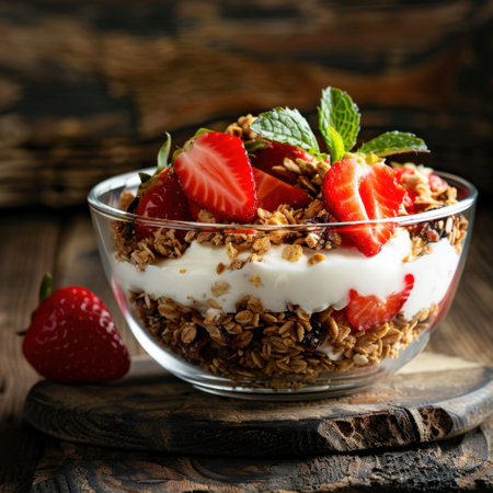 This vibrant yogurt parfait features fresh strawberries, creamy yogurt, and crunchy granola layered in a clear glass bowl, garnished with mint leaves. Perfect for a healthy dessert or snack.の素材