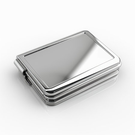 A sleek, elegant silver compact case featuring a reflective surface, ideal for personal accessories or gifting. Perfect for modern and minimalist designs.の素材