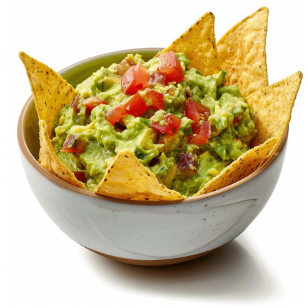 A vibrant bowl of fresh guacamole nestled among crispy tortilla chips, perfect for a snack or appetizer at any gathering.の素材