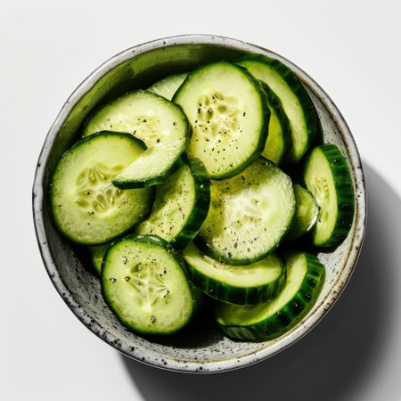 A fresh and vibrant arrangement of sliced cucumbers in a ceramic bowl, sprinkled with black pepper, showcasing healthy eating and culinary creativity.の素材