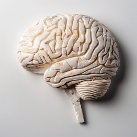 This image features a detailed white brain model sitting on a neutral background, suitable for educational purposes, scientific illustrations, and creative projects related to anatomy and cognition.の素材